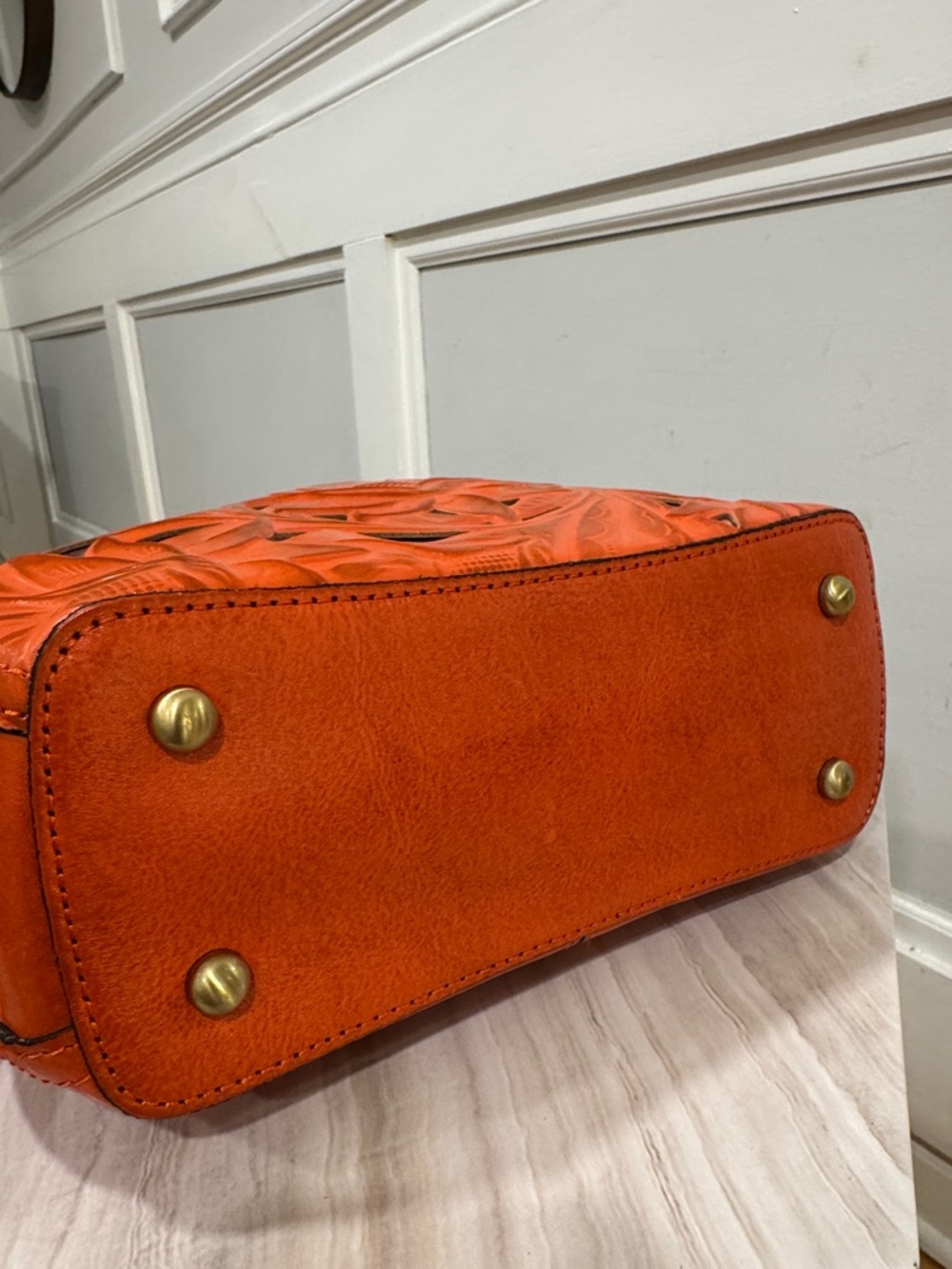 Patricia Nash Bag Aria Double Ring Orange Leather Floral Laser Cut Crossbody - Picture 10 of 17